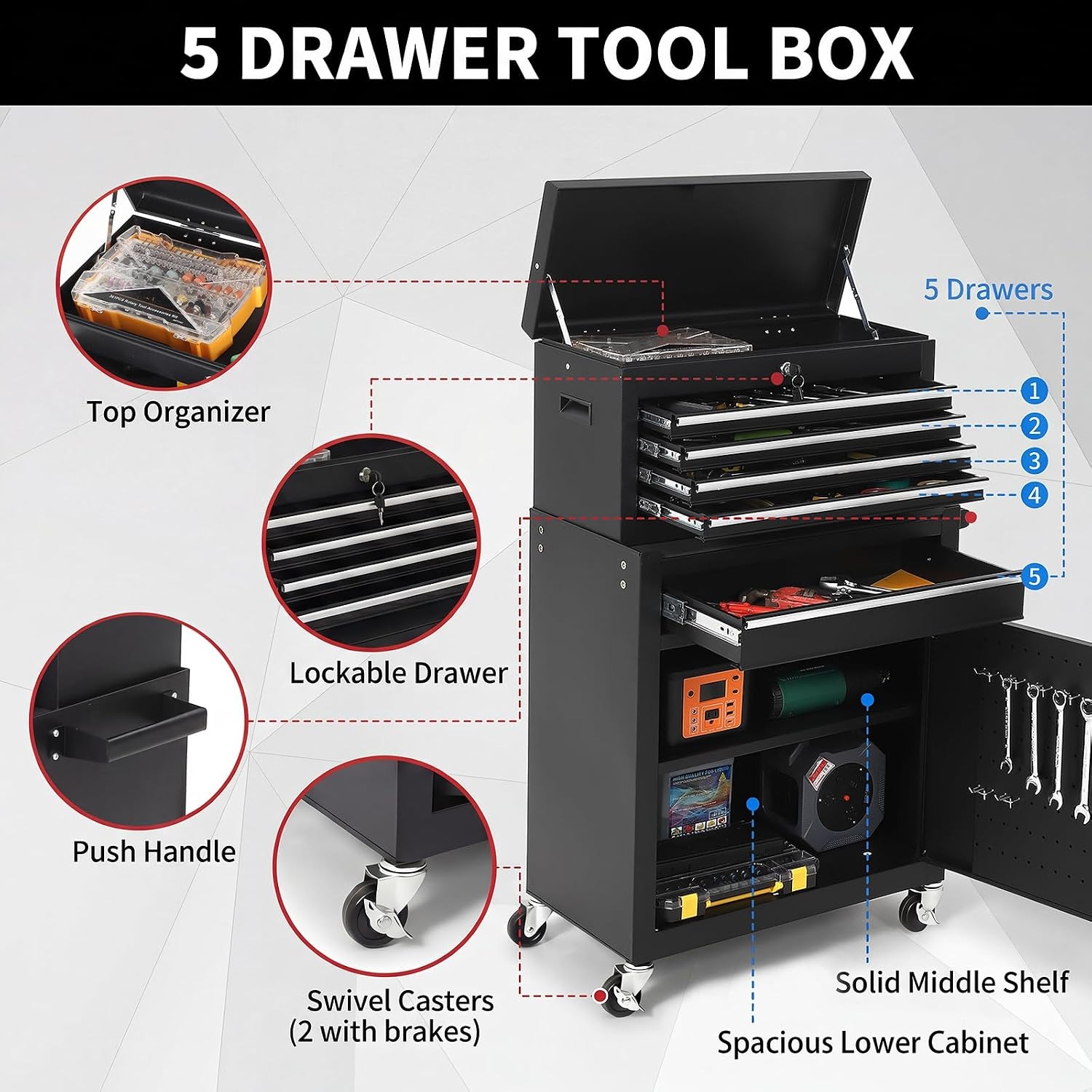 5 Drawer Rolling Tool Cabinet  - Workshop Tools Trolley 评论和价格